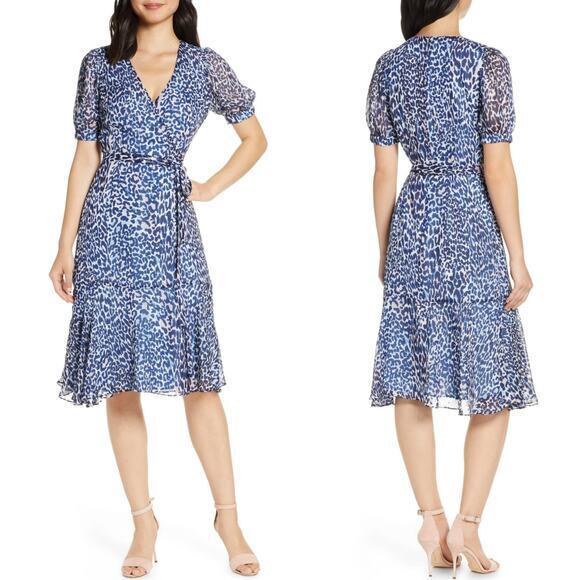 Eliza J Leopard‎ Print Faux Wrap Dress in Blue Lyst plus size 22W - Picture 1 of 16